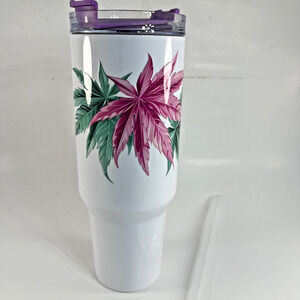 Botanical Leaf Tumbler 30oz Stainless Steel White Purple Handle